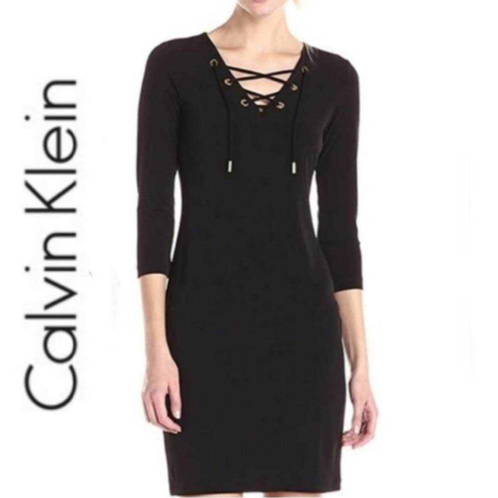Calvin Klein Black Long Sleeve Lace-Up Dress 4 6 Stretch #22